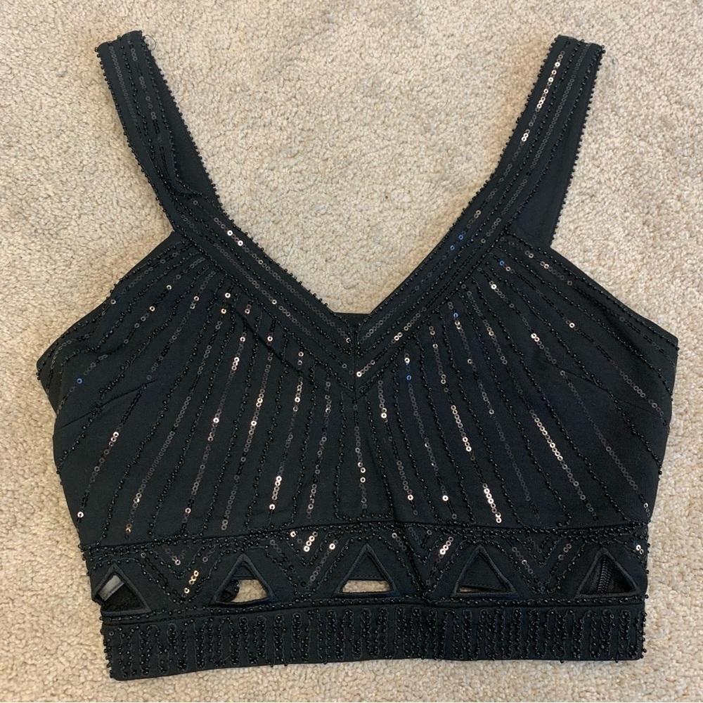 BEBE black sequin beaded cut-out crop top Sz S NWOT